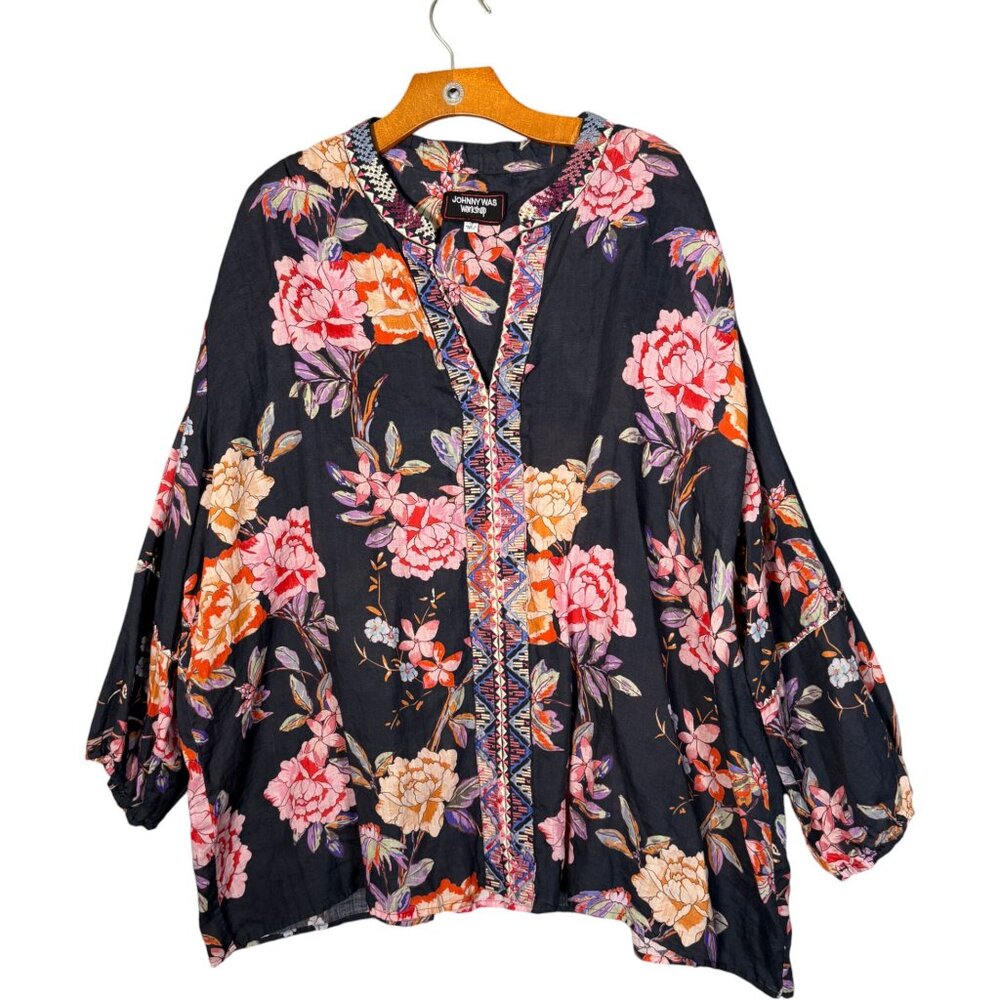 Johnny Was Workshop  Floral Emboirdered  Top 100% Ramie  Boho Artsy 2x